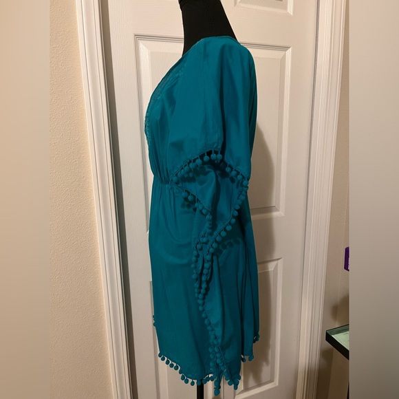 Old Navy Medium Swimsuit Coverup Teal blue green cotton pom poms bathing suit - Picture 3 of 6